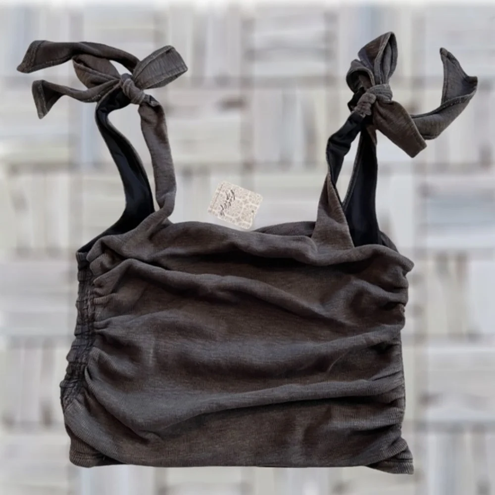 FREE PEOPLE Boulevard Tie-Strap Ruched Sides Tank Top-Black NWT/LG - Picture 9 of 11